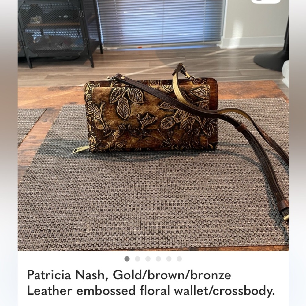 Patricia Nash, brown/gold/bronze embossed leather crossbody.
